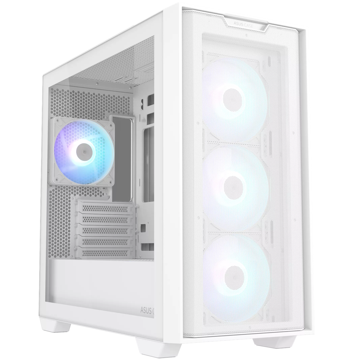 ASUS A21 PLUS TG ARGB WHITE Micro ATX-behuizing, ondersteunt moederborden met verborgen aansluitingen, 360 mm radiatoren en 380 mm grafische kaarten, 4 vooraf geïnstalleerde ARGB-ventilatoren, wit