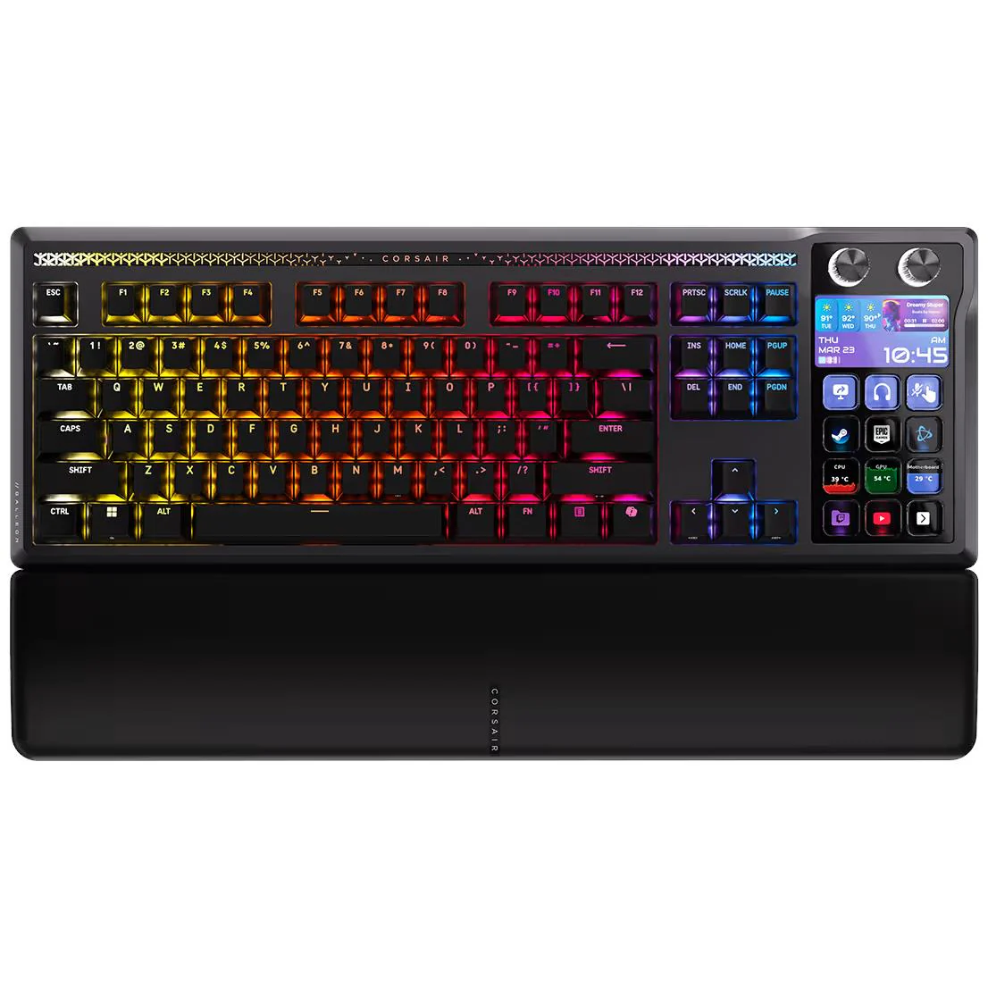CORSAIR GALLEON 100 SD Mechanical Keyboard — Built-in Elgato Stream Deck with 12 LCD keys, 5-inch display, pre-lubed MLX Pulse switches, and 8,000Hz polling.